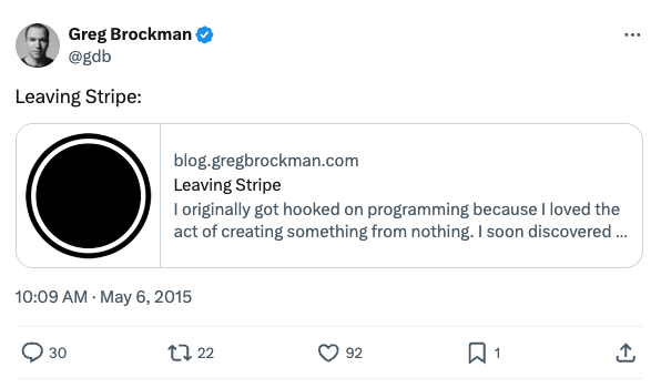 Brockman tweeted about leaving Stripe