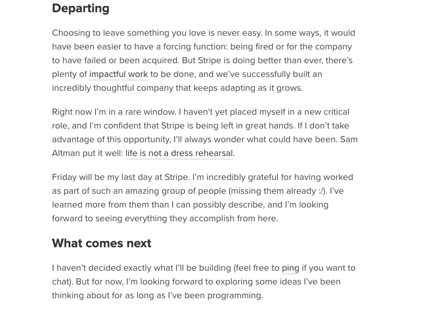 Brockman post about leaving Stripe