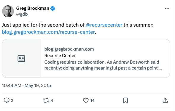 Brockman tweeted about applying for recurse center