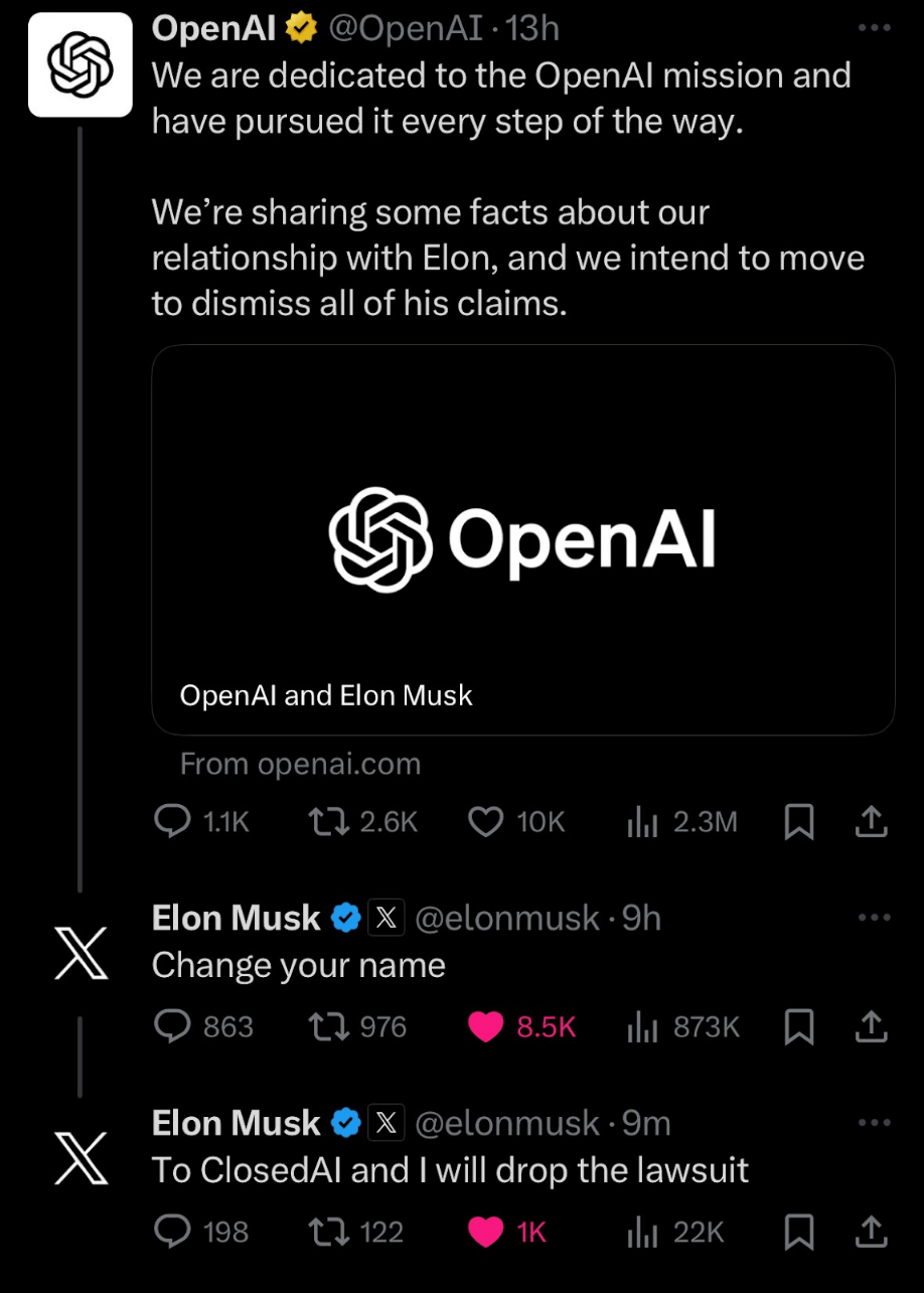 Elon Musk suggest to rename OpenAI to ClosedAI